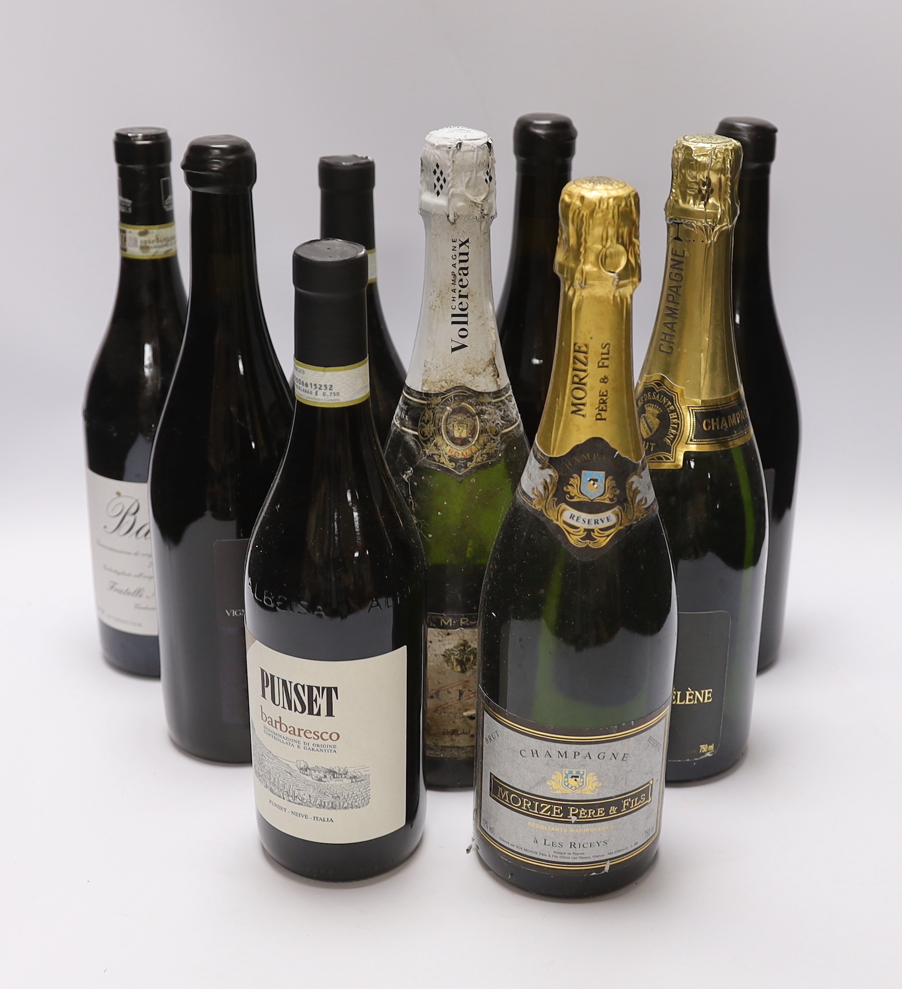 Six bottles of wine and three bottles of champagne including a bottle of 2014 Barolo, two bottles of Punset 2012 and three bottles of Vigny Corejo (Pinot)